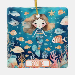 Cute Little Mermaid Under The Sea with Coral Fish Ceramic Ornament