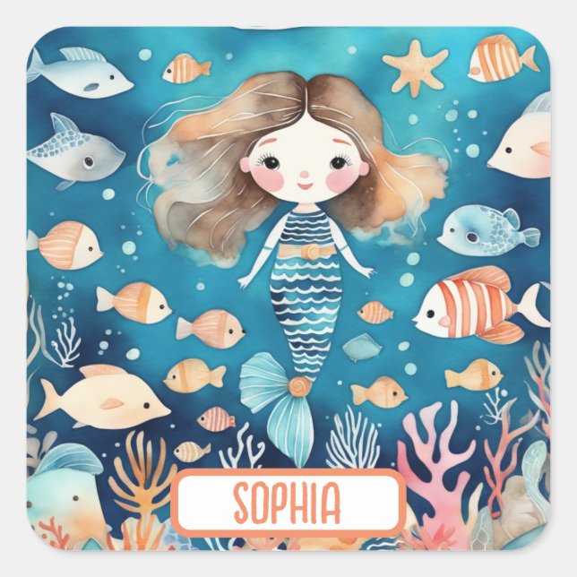 Cute Little Mermaid Under The Sea with Coral Fish Square Sticker (Front)