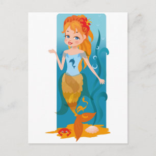Cute little mermaid with red hair and blue eyes postcard