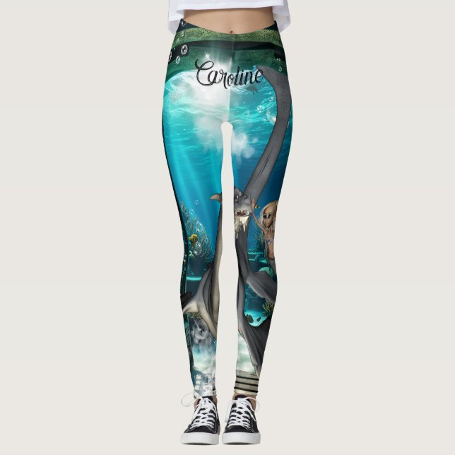 Cute little mermaid with seadragon. leggings (Front)