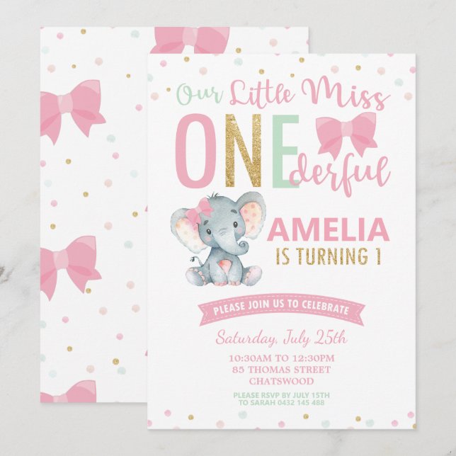 Cute Little Miss ONEderful 1st Birthday Elephant Invitation (Front/Back)