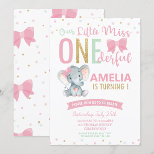 Cute Little Miss ONEderful 1st Birthday Elephant Invitation