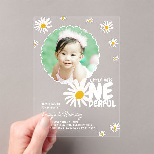 Cute Little Miss ONEderful Daisy Photo Birthday Acrylic Invitations