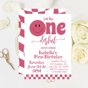 Cute Little Miss Onederful Pink Girl 1st Birthday  Invitation