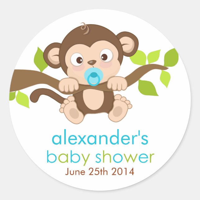 Cute Little Monkey Boy Baby Shower Sticker (Front)