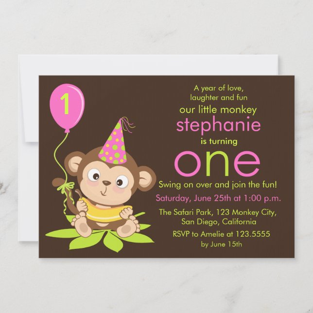 Cute Little Monkey First Birthday Invitation (Front)