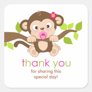 Cute Little Monkey Girl Thank You Sticker