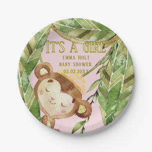 Cute Little Monkey Its A Girl Tropic Pink Paper Plate