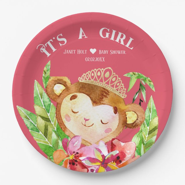 Cute Little Monkey Its A Girl Tropic Pink Paper Plate (Front)