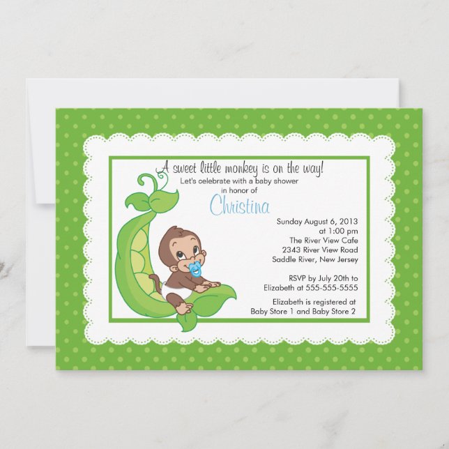 Cute Little Monkey Pea Pod Baby Shower Invitations (Front)