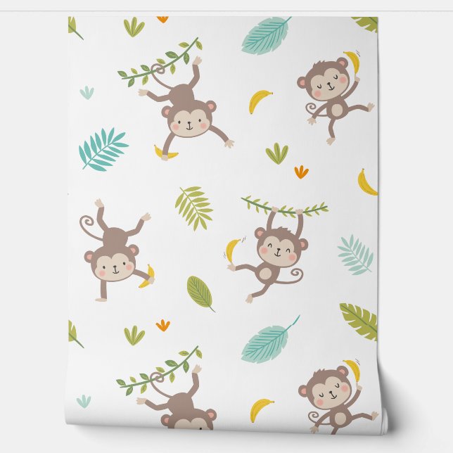 Cute Little Monkeys with bananas and jungle leafs  Wallpaper (Unrolling)