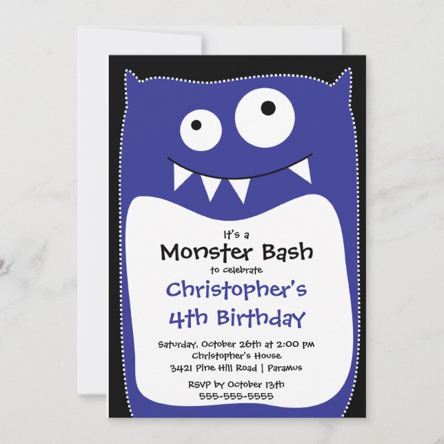 CUTE Little Monster Bash Birthday Party Blue Invitation (Front)