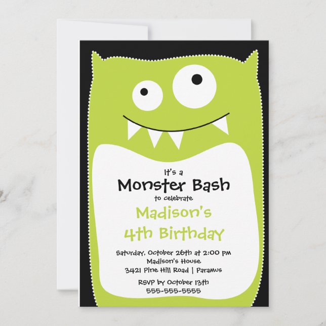 CUTE Little Monster Bash Birthday Party Lime Invitation (Front)