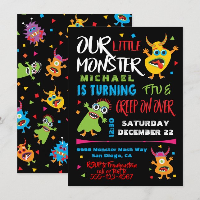 Cute Little Monster Birthday Party Invitation (Front/Back)