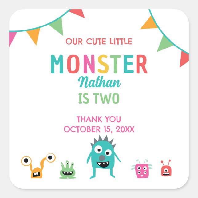 Cute Little Monster Birthday Party Thank You Square Sticker (Front)