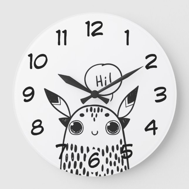 Cute Little Monster Black and White Illustrated Large Clock (Front)