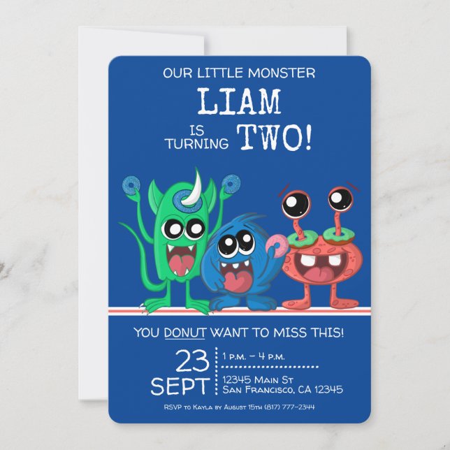 Cute Little Monster Boys Doughnut 2nd Birthday Invitation (Front)
