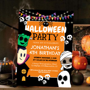 Cute Little Monster Halloween 4th Birthday Party Invitation