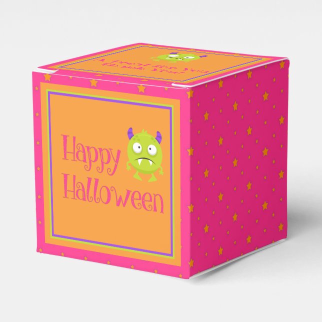 Cute Little Monster Orange Pink Kids Halloween Favour Box (Front Side)