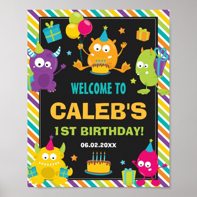 Cute Little Monsters 1st Birthday Party Welcome Poster (Front)