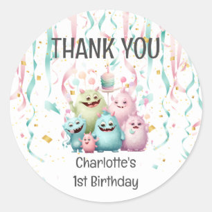 Cute Little Monsters 1st Birthday. Thank You Classic Round Sticker