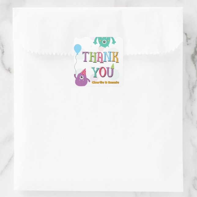 Cute Little Monsters Birthday Party Thank You Square Sticker (Bag)