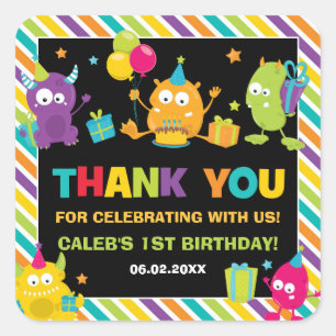 Cute Little Monsters Birthday Thank You Favour Square Sticker