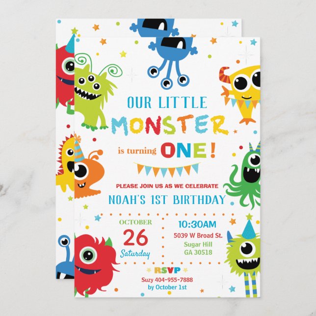 Cute Little Monsters Boy 1st Birthday Colourful Invitation (Front/Back)