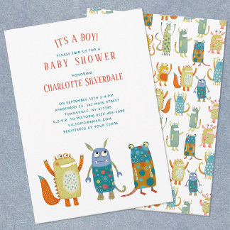 Cute Little Monsters It's a Boy Baby Shower Invitation