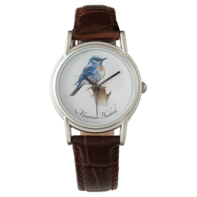 Cute Little Mountain Bluebird Watercolor, custom Watch (Front)