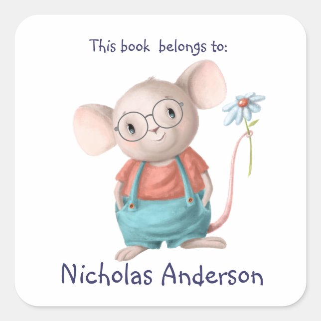 Cute Little Mouse Animal Cartoon with glasses Square Sticker (Front)