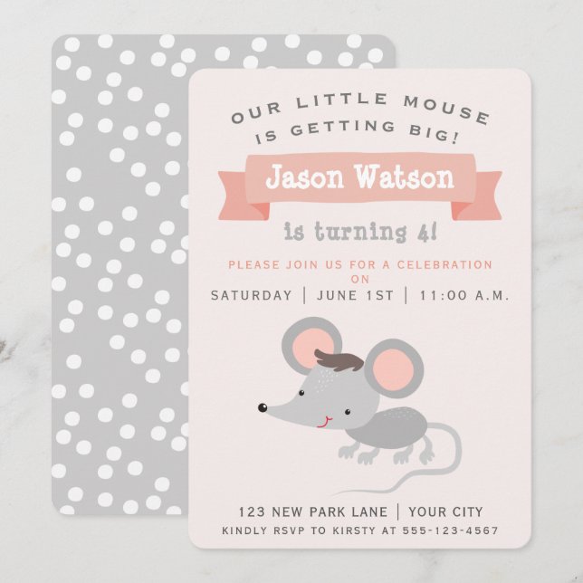 Cute Little Mouse - Boy's Birthday Party  Invitation (Front/Back)