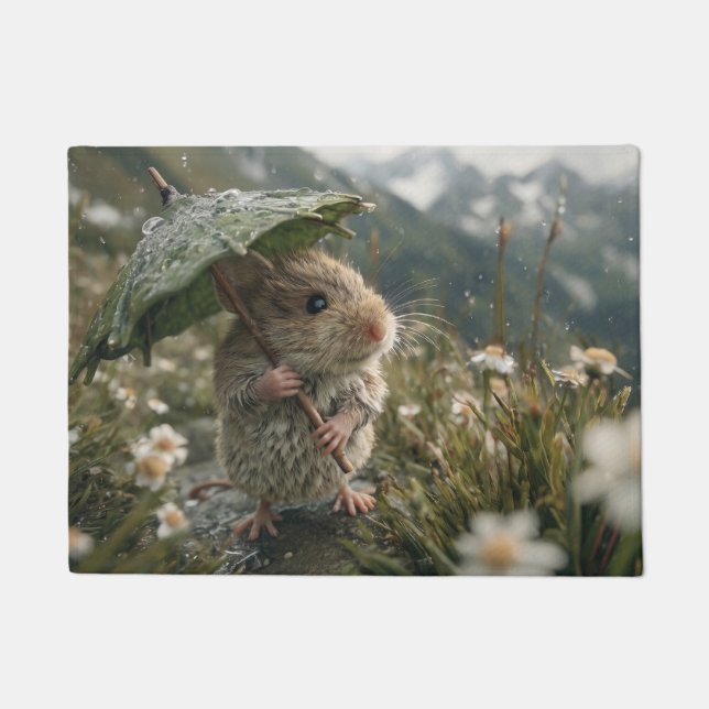 Cute Little Mouse Holding Leaf Umbrella  Doormat (Front)