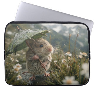 Cute Little Mouse Holding Leaf Umbrella Laptop Sleeve