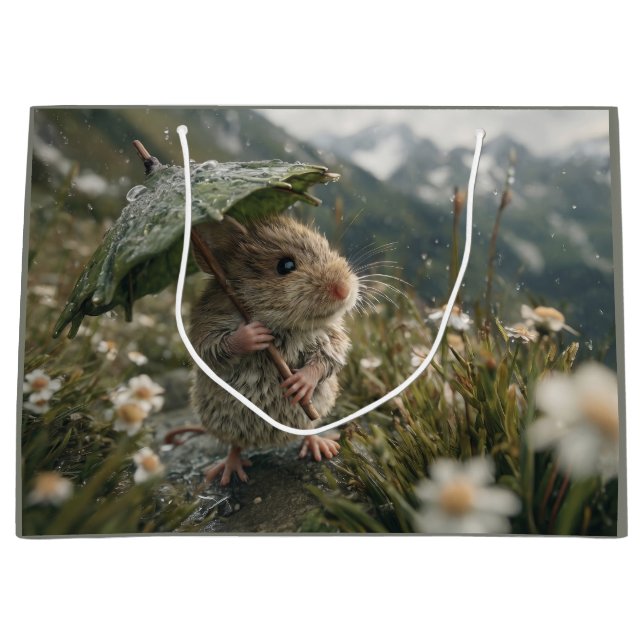 Cute Little Mouse Holding Leaf Umbrella  Large Gift Bag (Front)