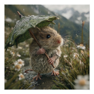 Cute Little Mouse Holding Leaf Umbrella Poster