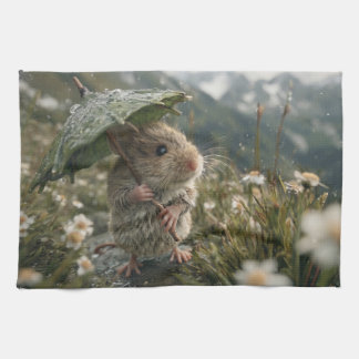 Cute Little Mouse Holding Leaf Umbrella Tea Towel