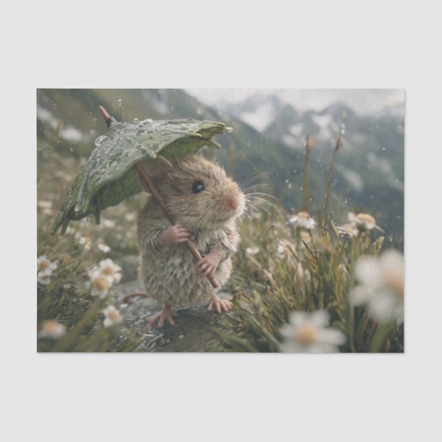 Cute Little Mouse Holding Leaf Umbrella  Tissue Paper (Front)