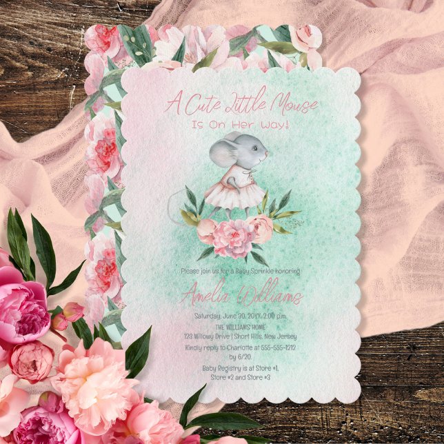 Cute Little Mouse Is On Her Way Girl Baby Sprinkle Invitation (Creator Uploaded)