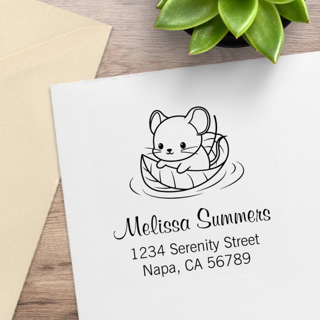 Cute Little Mouse Leaf Boat Address Rubber Stamp (Creator Uploaded)