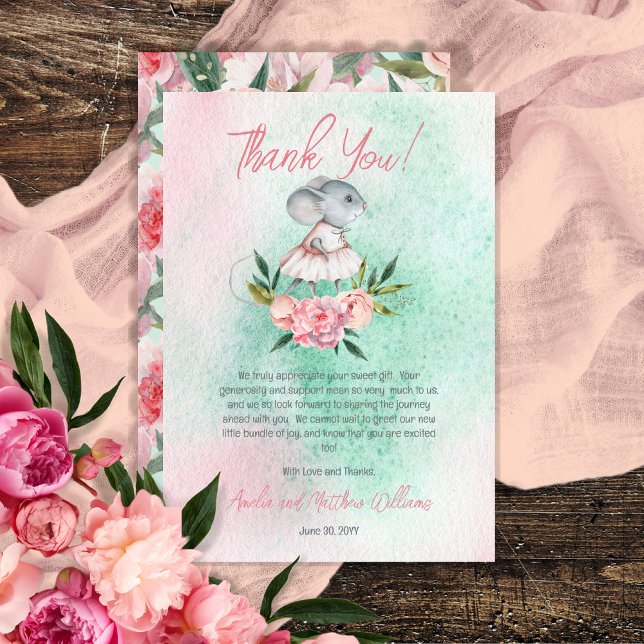 Cute Little Mouse Pink | Mint Girl Baby Shower Thank You Card (Creator Uploaded)