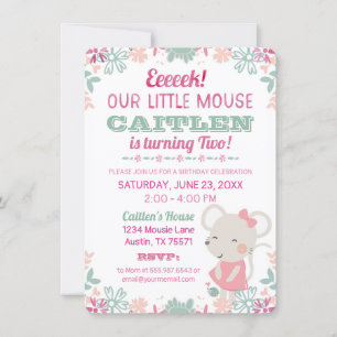 Cute Little Mouse Watercolor Birthday Invitation