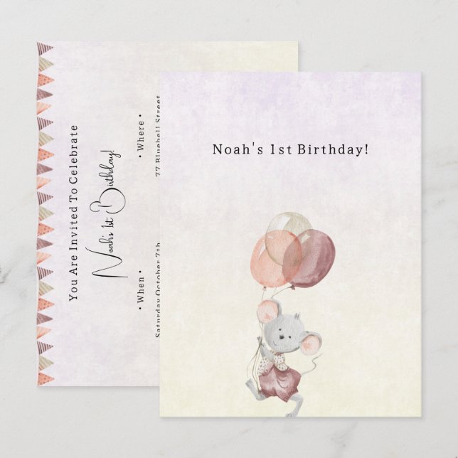 Cute Little Mouse With Pink Balloons Invitation Postcard (Front/Back)