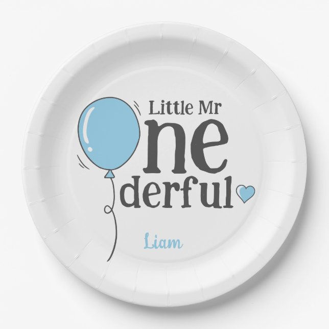 Cute Little Mr Onederful Blue Custom Paper Plate (Front)
