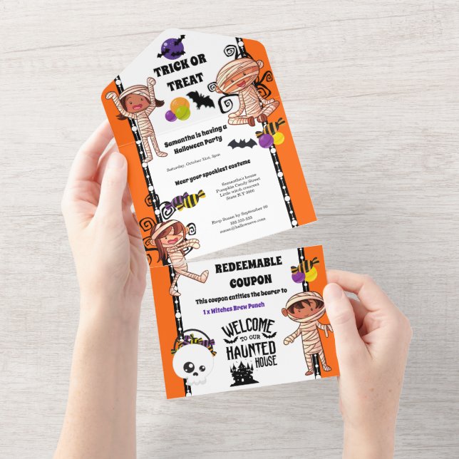 Cute little mummy monsters kids halloween birthday all in one invitation (Tearaway)
