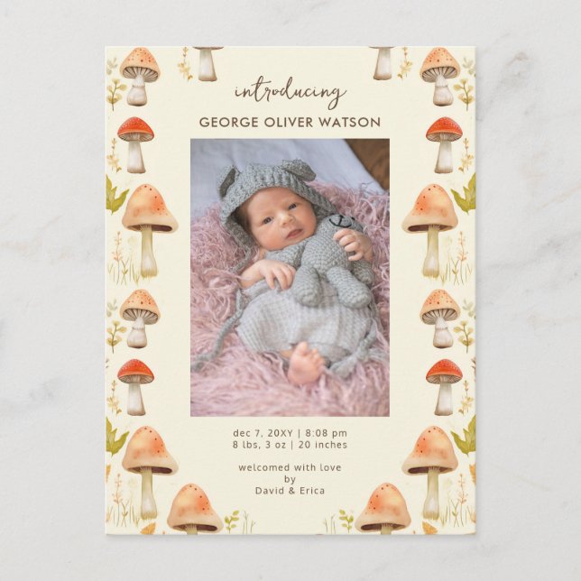 Cute Little Mushrooms Photo Birth Announcement Postcard (Front)