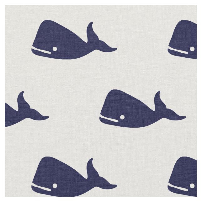 Cute Little Navy Blue Whale Pattern on White Fabric (Close Up)