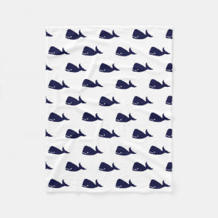 Cute Little Navy Blue Whale Pattern on White Fleece Blanket