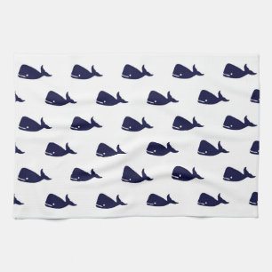 Cute Little Navy Blue Whale Pattern on White Tea Towel