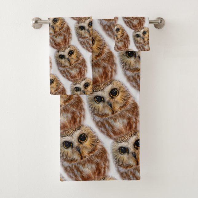 Cute Little Northern Saw Whet Owls Bath Towel Set (Insitu)